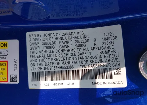 2022 Honda Civic Sport z USA, uszkodzony, nr VIN 2HGFE2F57NH553386